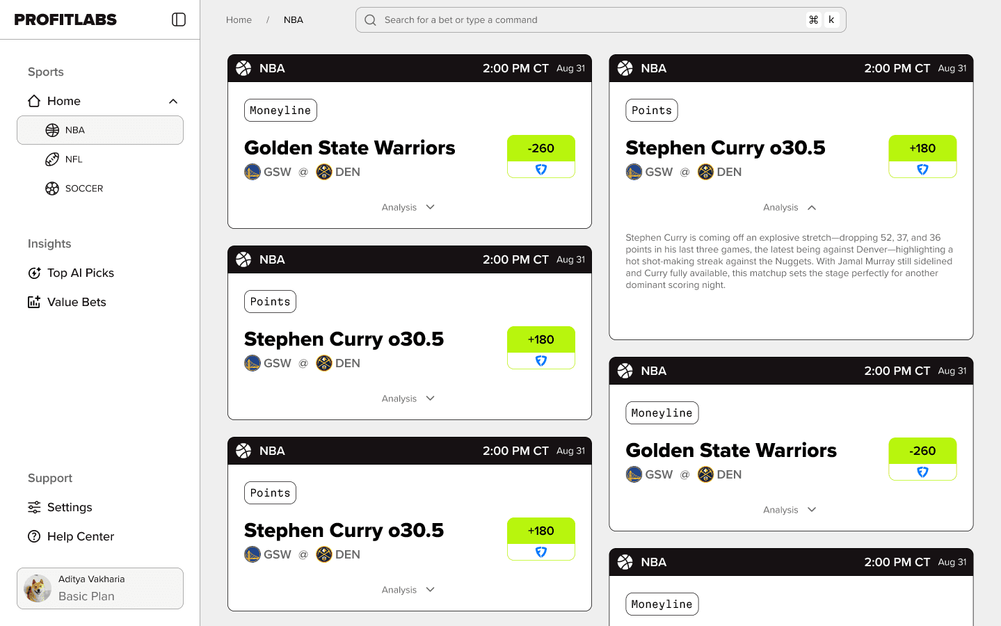 ProfitLabs platform showing detailed pick analysis and data insights